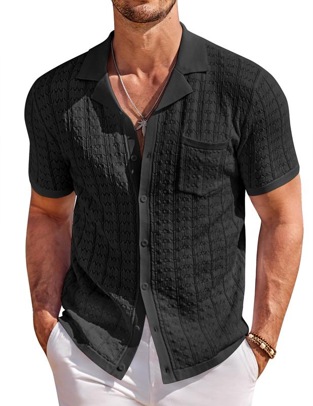 COOFANDY Men's Knit Button Down Shirt Short Sleeve Vintage Polo Shirts Summer Casual Beach Tops Classic Menswear