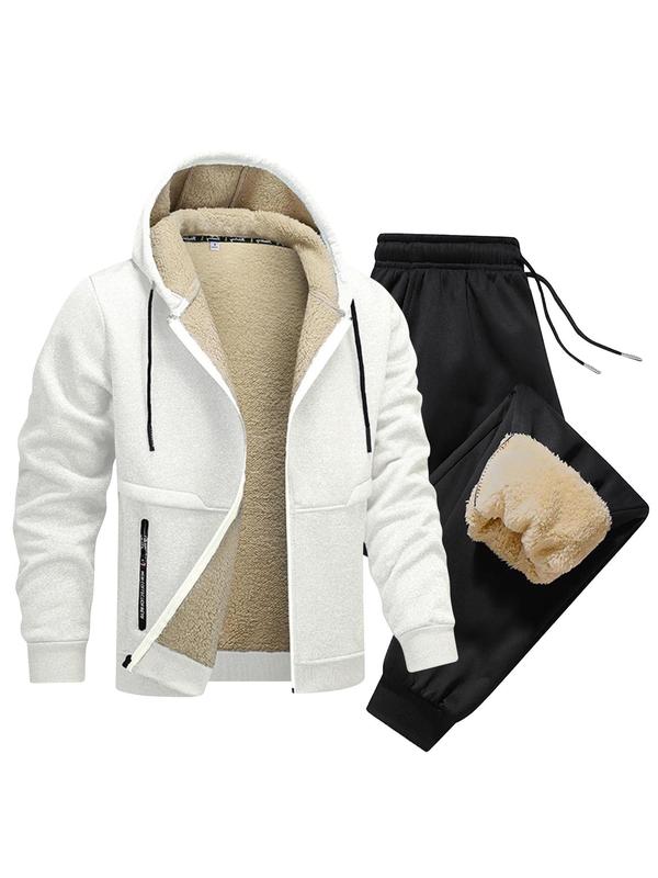 Men's Solid Zip Up Thermal  Lined Hoodie & Drawstring Waist Sweatpants Set, Casual Regular Fit Long Sleeve Hooded Sweatshirt & Elastic Waist Pocket Jogger Pants, Men's Two-piece Outfits for Fall & Winter