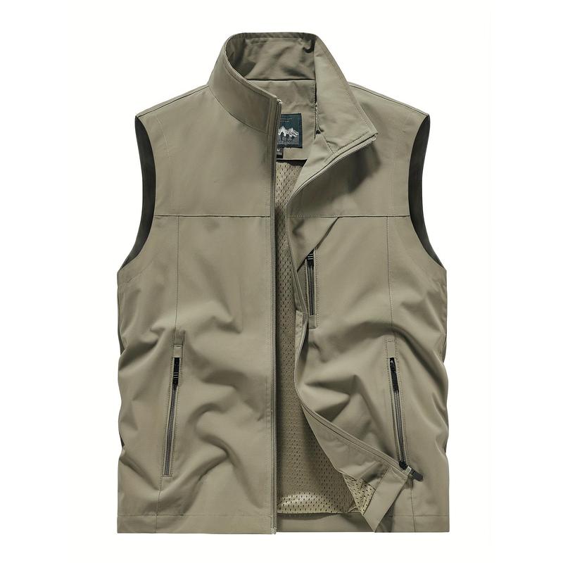 Men's Solid Color Sleeveless Jacket with Zipper Pocket, Activity Zipped Stand Collar Vest, Suitable for Spring, Summer and Autumn Outdoor Activities