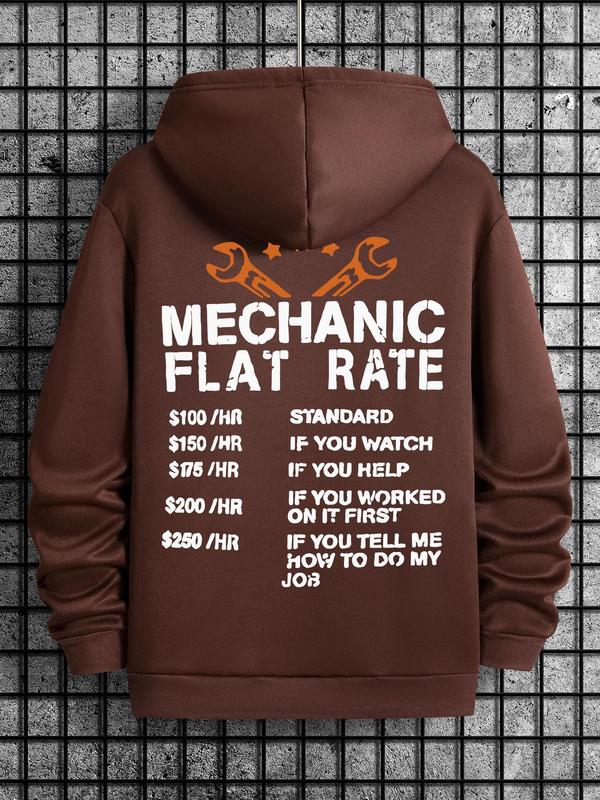 Men's Mechanic Flat Rate Hoodie, Regular Fit Casual Letter Print Pocket Drop Shoulder Long Sleeve Hooded Sweatshirt, Men's Spring & Fall Clothes