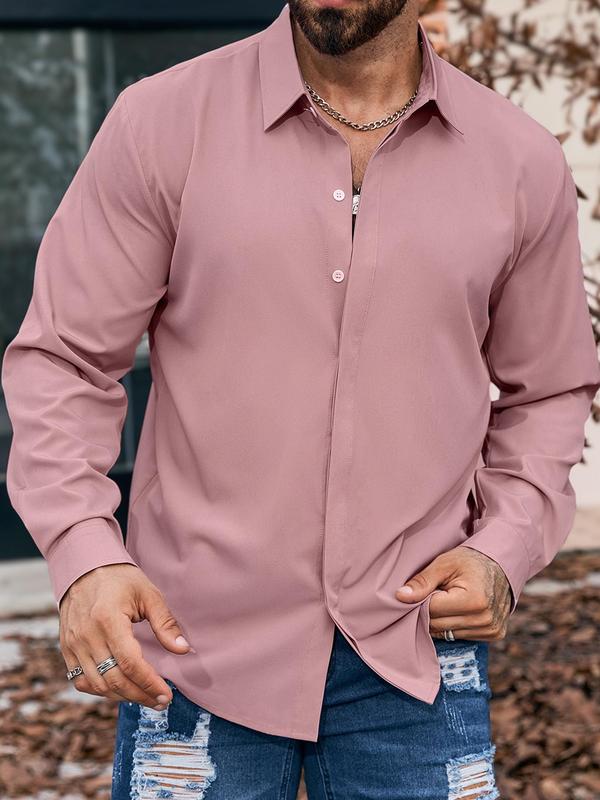 Men's Solid Button Front Shirt, Regular Fit Casual Long Sleeve Collared Top for All Seasons, Men's Clothes for Daily Wear