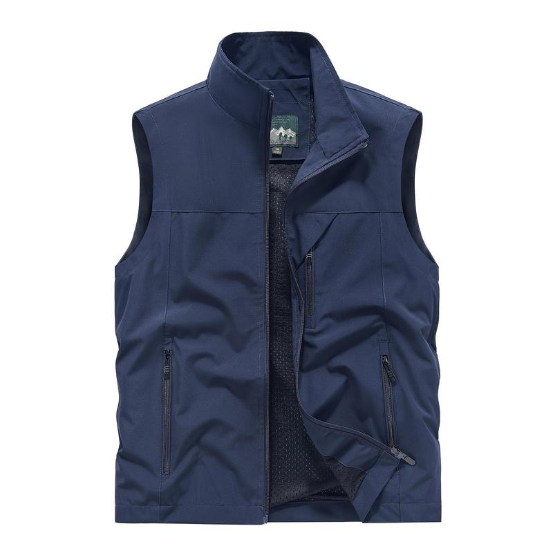 Men's Solid Color Sleeveless Jacket with Zipper Pocket, Activity Zipped Stand Collar Vest, Suitable for Spring, Summer and Autumn Outdoor Activities