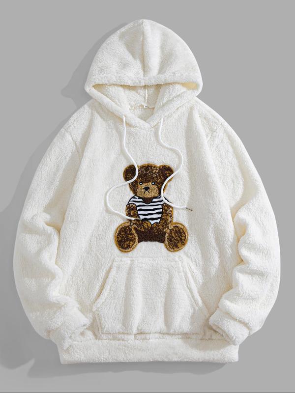 Men's Cartoon Bear Embroidery Drawstring Pocket Plush Hoodie, Casual Loose Long Sleeve Hooded Sweatshirt for Winter, Fashion Men's Clothes for Daily Wear