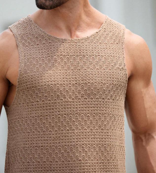 Men Knitted Casual Hollow Out Solid Color Tank Top For Summer Round Neck Fabric Menswear Sleeveless