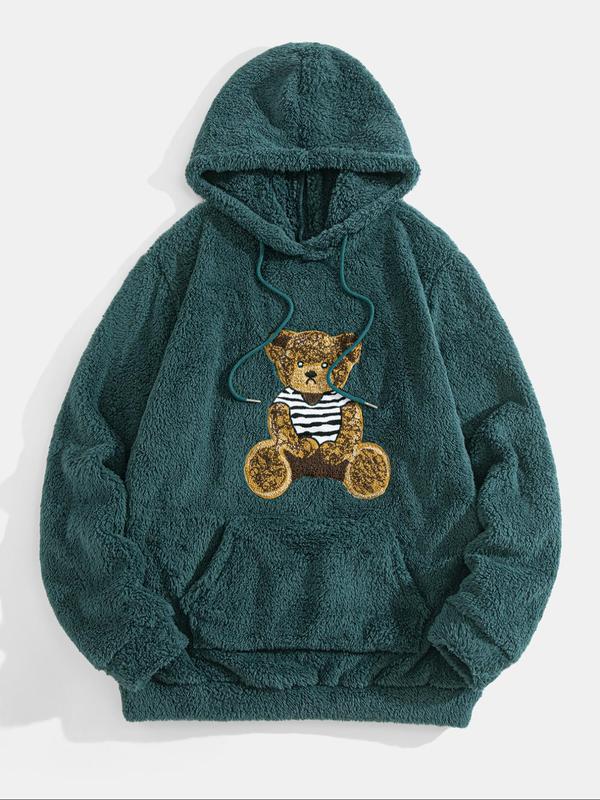 Men's Cartoon Bear Embroidery Drawstring Pocket Plush Hoodie, Casual Loose Long Sleeve Hooded Sweatshirt for Winter, Fashion Men's Clothes for Daily Wear