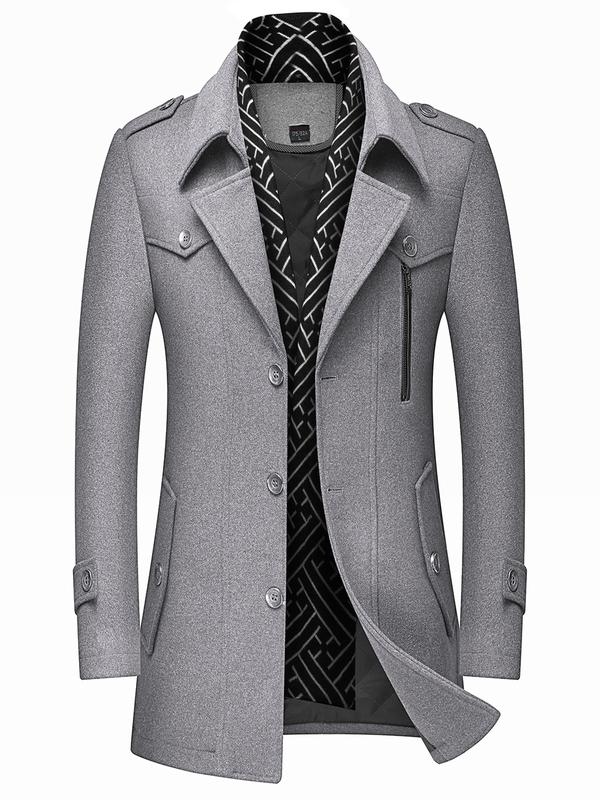 Men's Wool Blend Trench Coat with Detachable Soft Scarf Notched Collar Single Breasted Pea Coat Overcoat