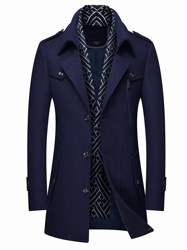 Men's Wool Blend Trench Coat with Detachable Soft Scarf Notched Collar Single Breasted Pea Coat Overcoat