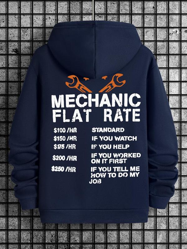 Men's Mechanic Flat Rate Hoodie, Regular Fit Casual Letter Print Pocket Drop Shoulder Long Sleeve Hooded Sweatshirt, Men's Spring & Fall Clothes