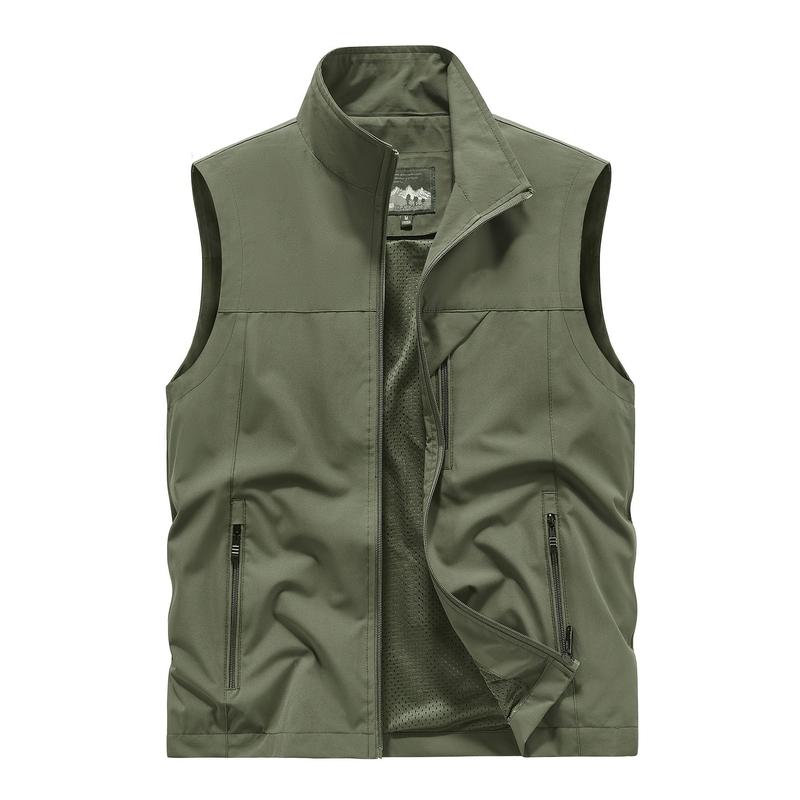 Men's Solid Color Sleeveless Jacket with Zipper Pocket, Activity Zipped Stand Collar Vest, Suitable for Spring, Summer and Autumn Outdoor Activities