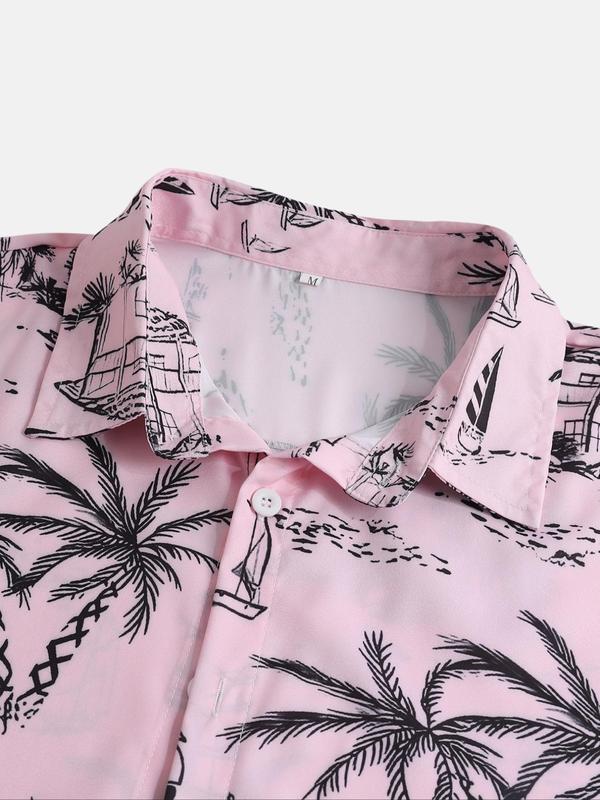 LGBTQ+ Men's Regular Fit Landscape Graphic Button Front Shirt without Tee & Necklace, Coconut Tree Print Short Sleeve Hawaiian Shirt, Casual Summer Top for Men