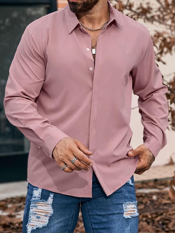 Men's Solid Button Front Shirt, Regular Fit Casual Long Sleeve Collared Top for All Seasons, Men's Clothes for Daily Wear