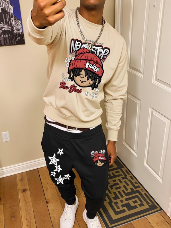 Two-Piece Set Men's Cartoon Print Sweatshirt & Elastic Waist Sweatpants, Regular Fit Casual Fashion Cozy Round Neck Long Sleeve Pullover & Jogger Pants for Daily Wear, Men's Two-piece Outfits for Fall & Winter