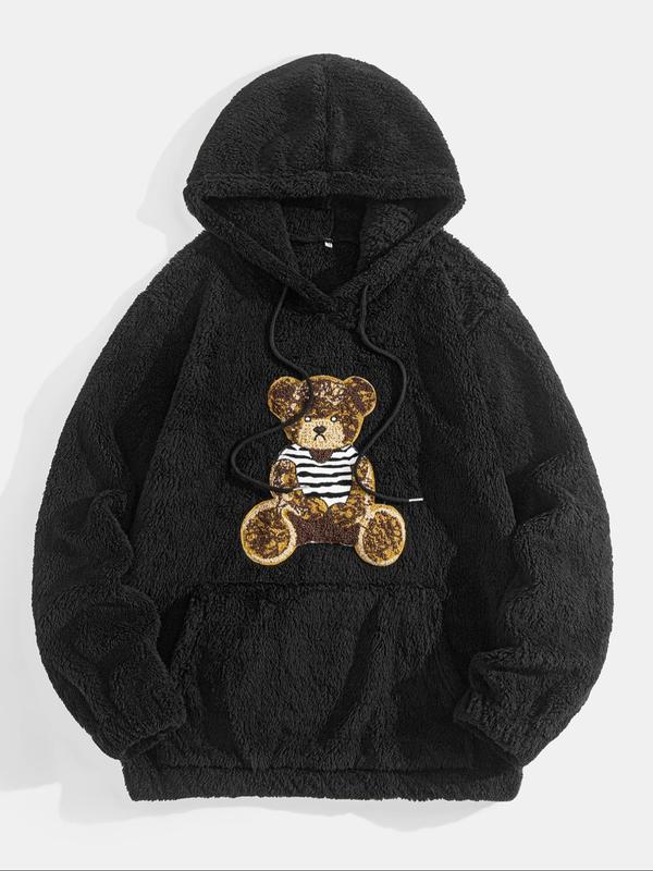 Men's Cartoon Bear Embroidery Drawstring Pocket Plush Hoodie, Casual Loose Long Sleeve Hooded Sweatshirt for Winter, Fashion Men's Clothes for Daily Wear