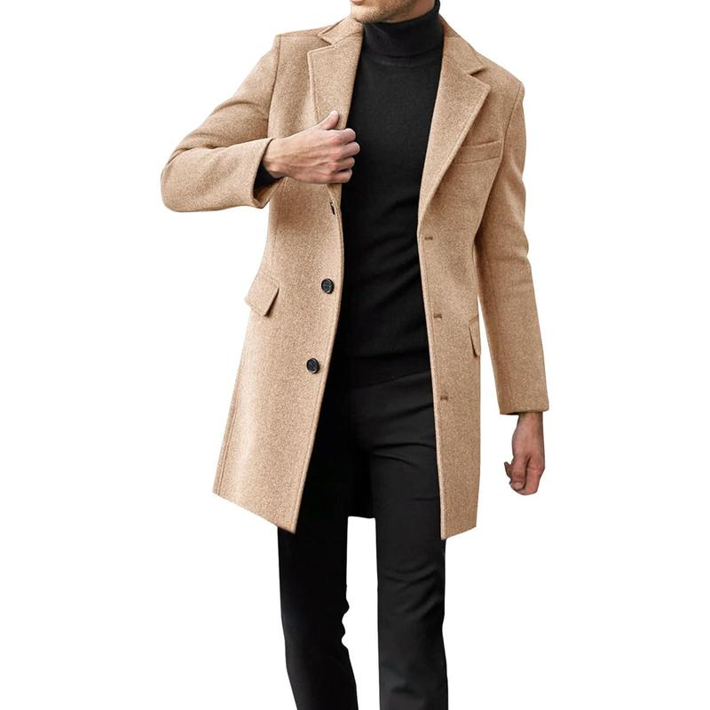 Runcati Mens Single Breasted Trench Coat Winter Pea Coat Notch Lapel Long Casual Overcoat