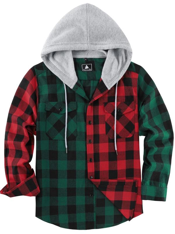 Men's Plaid Print Button Front Drawstring Hooded Shirt, Shirts for Men, Back To School Outfits, Regular Fit Street Long Sleeve Pocket Hoodie Top, Men's 2000s Shirts Streetwear, Errands Outfit, Mens Fall Shirts, Fall Outfits, Earthtone Fallfreshness