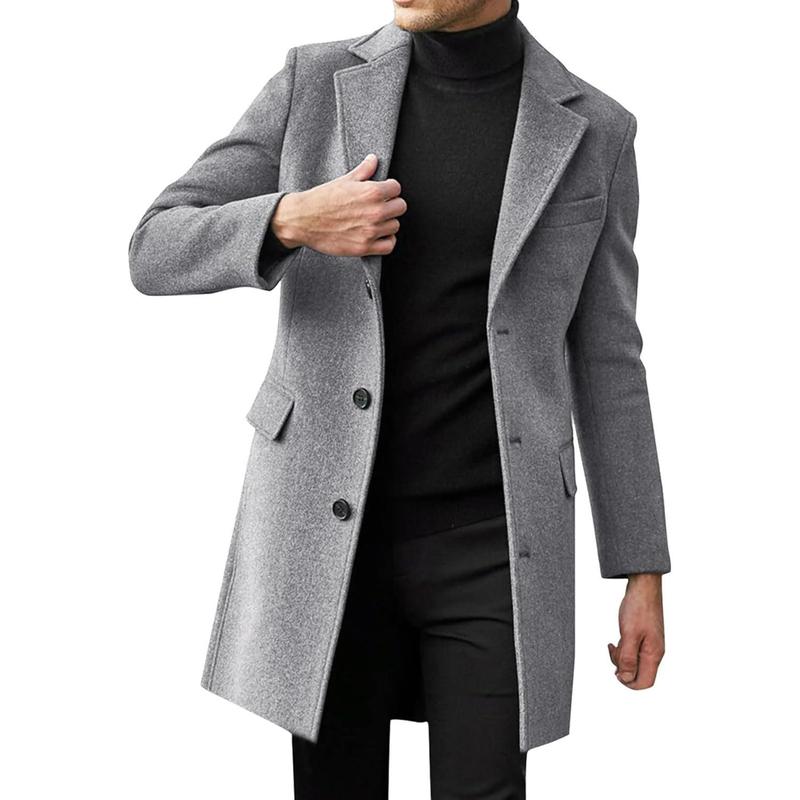 Runcati Mens Single Breasted Trench Coat Winter Pea Coat Notch Lapel Long Casual Overcoat