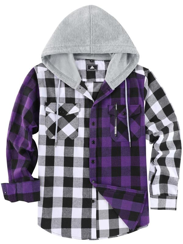 Men's Plaid Print Button Front Drawstring Hooded Shirt, Shirts for Men, Back To School Outfits, Regular Fit Street Long Sleeve Pocket Hoodie Top, Men's 2000s Shirts Streetwear, Errands Outfit, Mens Fall Shirts, Fall Outfits, Earthtone Fallfreshness