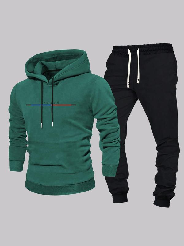 Men's Letter Print Hoodie & Drawstring Waist Pants Two-piece Set, Regular Fit Casual Long Sleeve Sweatshirt & Pocket Trousers, Men's Fall & Winter Clothes