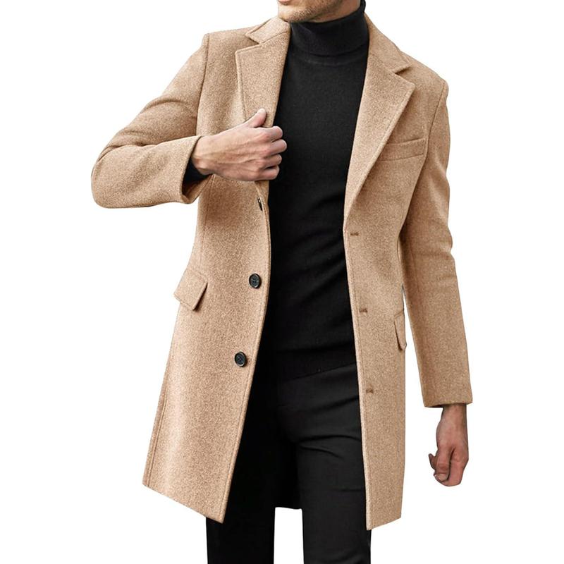 Runcati Mens Single Breasted Trench Coat Winter Pea Coat Notch Lapel Long Casual Overcoat