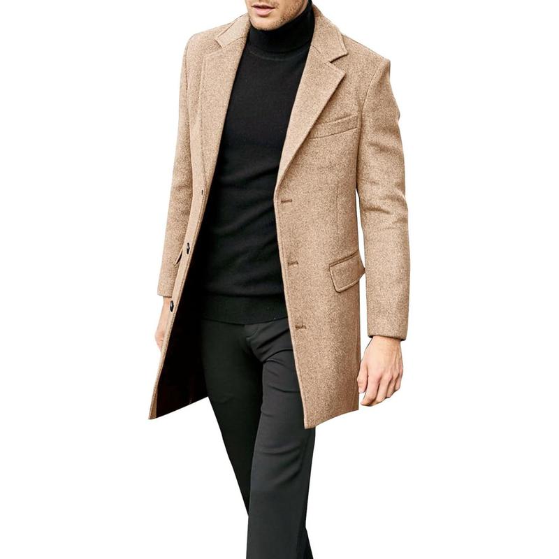 Runcati Mens Single Breasted Trench Coat Winter Pea Coat Notch Lapel Long Casual Overcoat