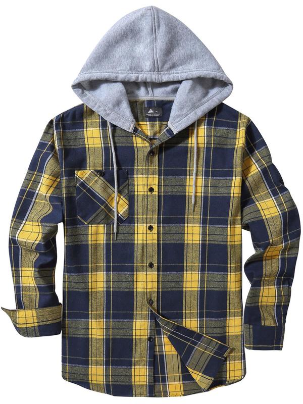 Men's Plaid Print Button Front Drawstring Hooded Shirt, Shirts for Men, Back To School Outfits, Regular Fit Street Long Sleeve Pocket Hoodie Top, Men's 2000s Shirts Streetwear, Errands Outfit, Mens Fall Shirts, Fall Outfits, Earthtone Fallfreshness