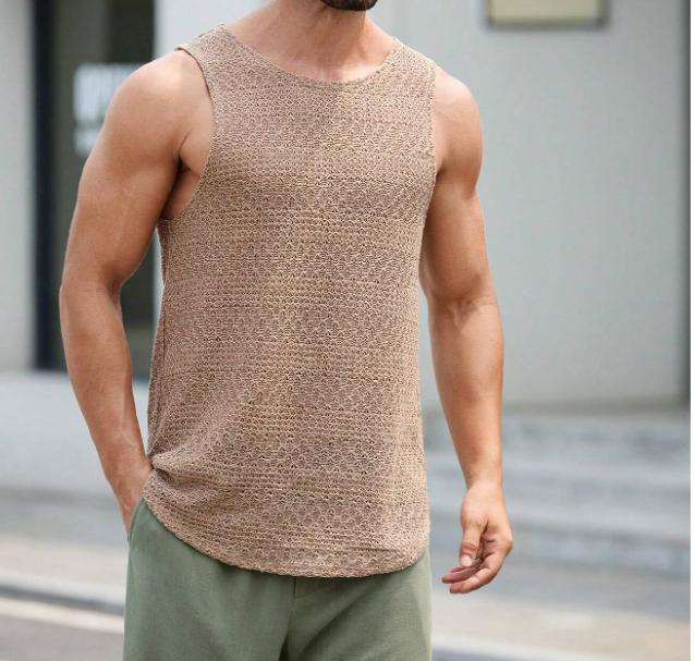 Men Knitted Casual Hollow Out Solid Color Tank Top For Summer Round Neck Fabric Menswear Sleeveless