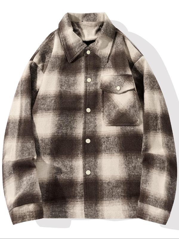 Men's Plaid Print Button Front Flap Pocket Jacket, Loose Casual Drop Shoulder Long Sleeve Outerwear for Fall & Winter, Men's Clothes for Daily Wear