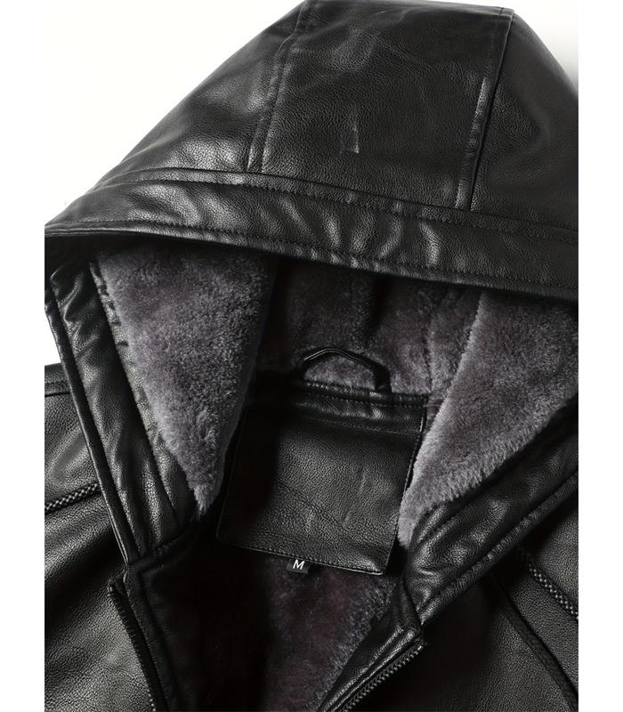 INVACHI Men's Faux Leather Jacket Warm Fleece Lined Thick Coat with Hood Waterproof PU Motorcycle Jackets