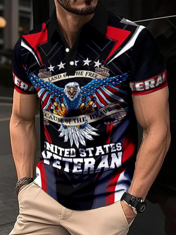 Men's All Over Cartoon Eagle & Star Print Short Sleeve Polo Shirt, Regular Fit Casual Fashion Half Button Front Top for Summer, Men's Clothes for Daily Wear