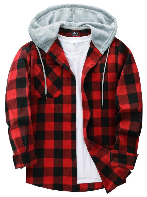 Men's Plaid Print Button Front Drawstring Hooded Shirt, Shirts for Men, Back To School Outfits, Regular Fit Street Long Sleeve Pocket Hoodie Top, Men's 2000s Shirts Streetwear, Errands Outfit, Mens Fall Shirts, Fall Outfits, Earthtone Fallfreshness