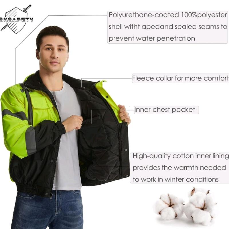 High Visibility Reflective Jackets for Men, Waterproof Class 3 Safety Jacket with Pockets, Hi Vis Yellow Coats with Black Bottom, Mens Work Construction Coats for Cold Weather,