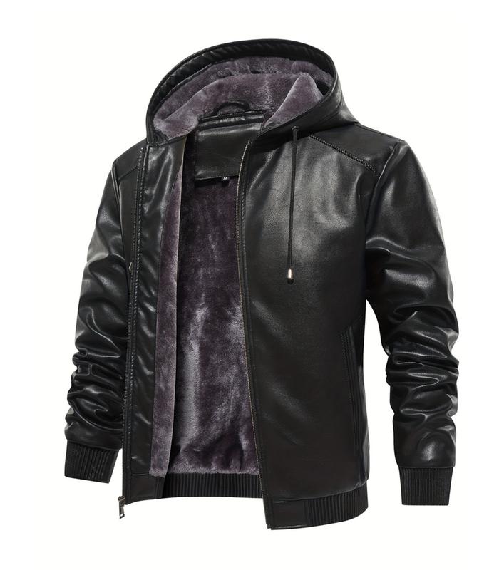 INVACHI Men's Faux Leather Jacket Warm Fleece Lined Thick Coat with Hood Waterproof PU Motorcycle Jackets