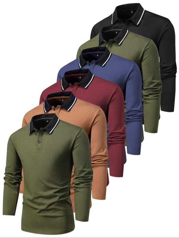 Men's Patchwork Contrast Binding Polo Shirt, Regular Fit Casual Long Sleeve Button Top for Spring & Fall, Men's Clothes for Daily Wear