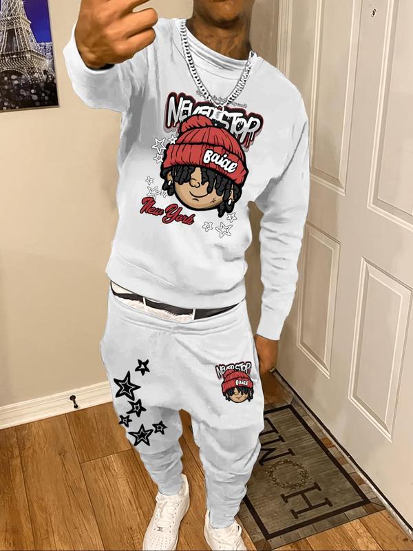 Two-Piece Set Men's Cartoon Print Sweatshirt & Elastic Waist Sweatpants, Regular Fit Casual Fashion Cozy Round Neck Long Sleeve Pullover & Jogger Pants for Daily Wear, Men's Two-piece Outfits for Fall & Winter