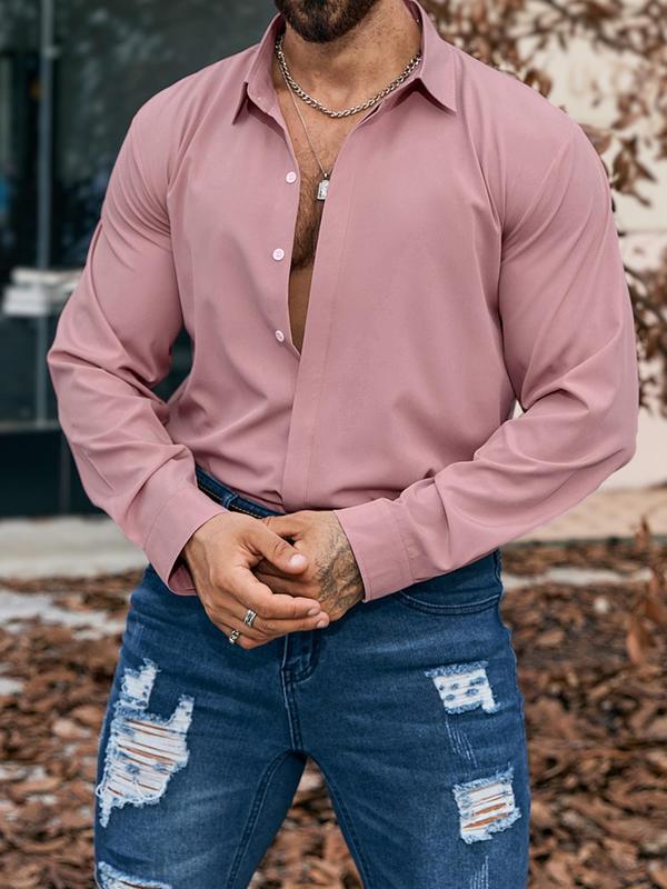 Men's Solid Button Front Shirt, Regular Fit Casual Long Sleeve Collared Top for All Seasons, Men's Clothes for Daily Wear