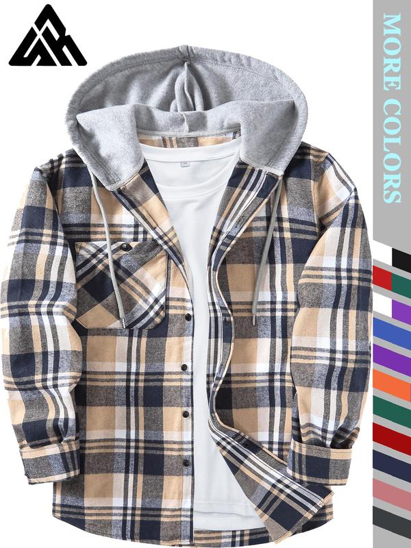 Men's Plaid Print Button Front Drawstring Hooded Shirt, Shirts for Men, Back To School Outfits, Regular Fit Street Long Sleeve Pocket Hoodie Top, Men's 2000s Shirts Streetwear, Errands Outfit, Mens Fall Shirts, Fall Outfits, Earthtone Fallfreshness