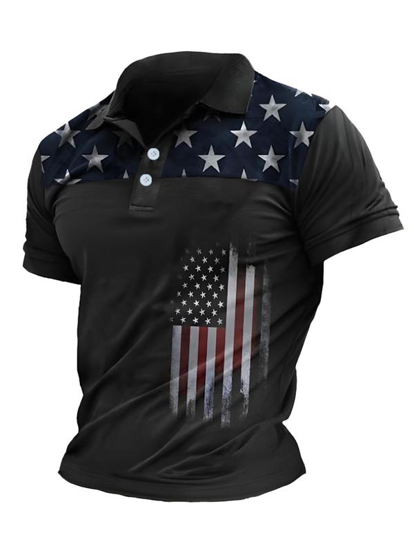 Men's Regular Fit Star & Flag Print 4th of July Polo Shirt, Back To School Outfits, Casual Short Sleeve Button Front Top for All Seasons, Men's Clothes for Daily Streetwear