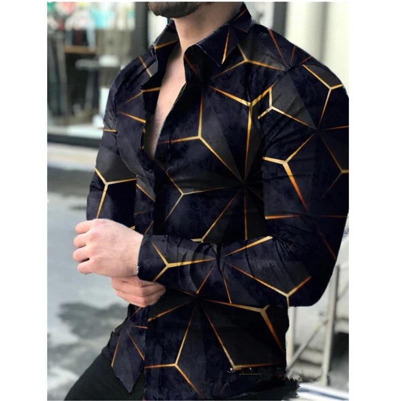 Foreign Trade Men's 3D Printed Fashion Geometry Pattern Pattern Shirt AliExpress Independent Stand Long Sleeve Lapel Button Men's Shirt