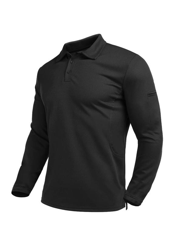 Men's Solid Long Sleeve Polo Shirt, Casual Regular Fit Button Front Top for Golf Outdoor Sports, Men's Sportswear for Fall & Winter