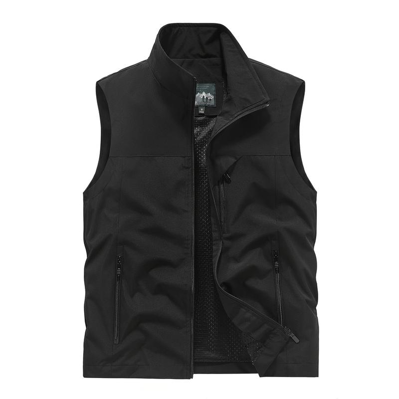 Men's Solid Color Sleeveless Jacket with Zipper Pocket, Activity Zipped Stand Collar Vest, Suitable for Spring, Summer and Autumn Outdoor Activities