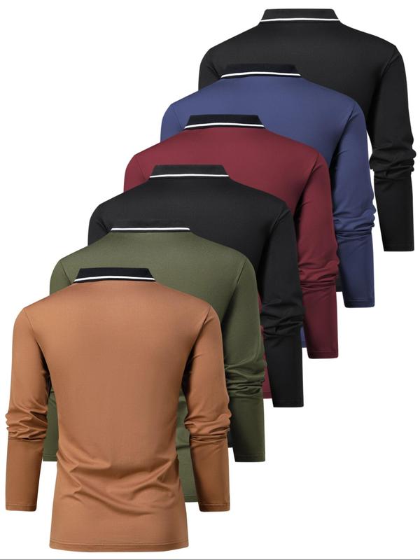 Men's Patchwork Contrast Binding Polo Shirt, Regular Fit Casual Long Sleeve Button Top for Spring & Fall, Men's Clothes for Daily Wear