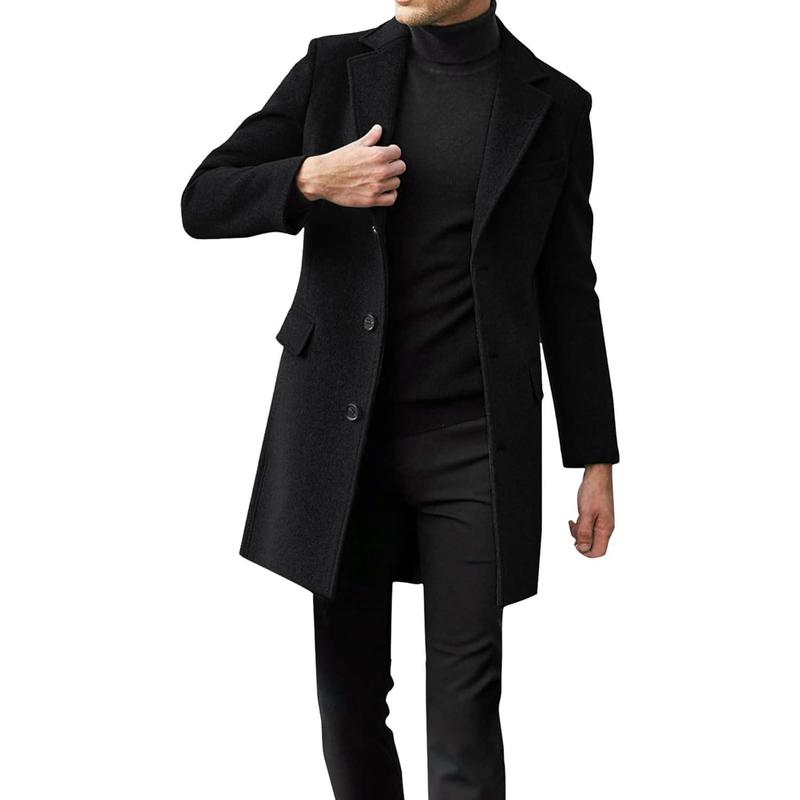 Runcati Mens Single Breasted Trench Coat Winter Pea Coat Notch Lapel Long Casual Overcoat