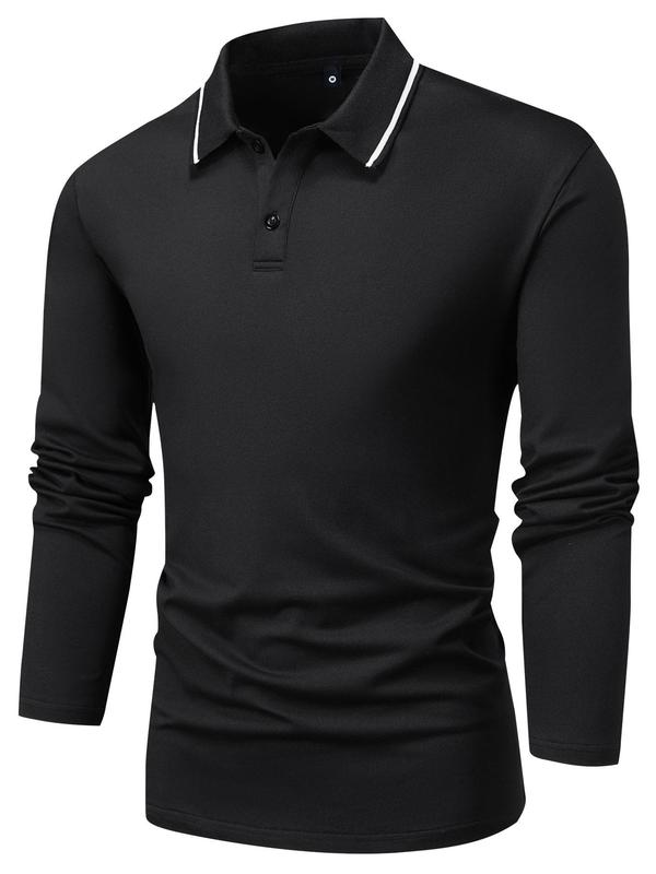 Men's Patchwork Contrast Binding Polo Shirt, Regular Fit Casual Long Sleeve Button Top for Spring & Fall, Men's Clothes for Daily Wear