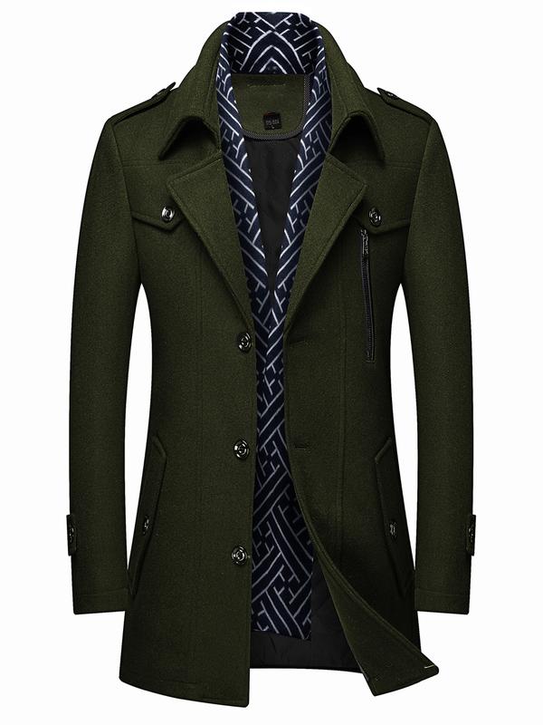 Men's Wool Blend Trench Coat with Detachable Soft Scarf Notched Collar Single Breasted Pea Coat Overcoat