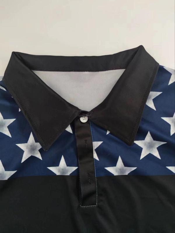 Men's Regular Fit Star & Flag Print 4th of July Polo Shirt, Back To School Outfits, Casual Short Sleeve Button Front Top for All Seasons, Men's Clothes for Daily Streetwear