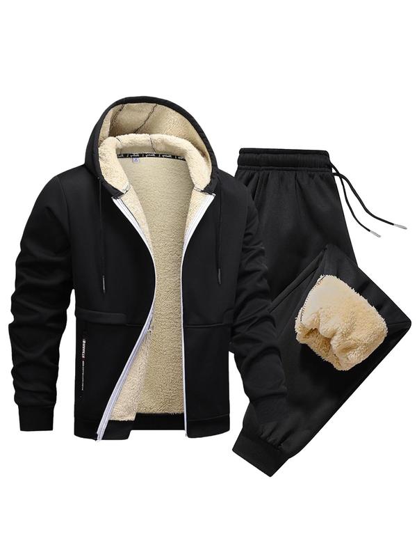 Men's Solid Zip Up Thermal  Lined Hoodie & Drawstring Waist Sweatpants Set, Casual Regular Fit Long Sleeve Hooded Sweatshirt & Elastic Waist Pocket Jogger Pants, Men's Two-piece Outfits for Fall & Winter