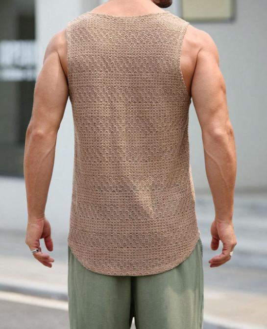 Men Knitted Casual Hollow Out Solid Color Tank Top For Summer Round Neck Fabric Menswear Sleeveless