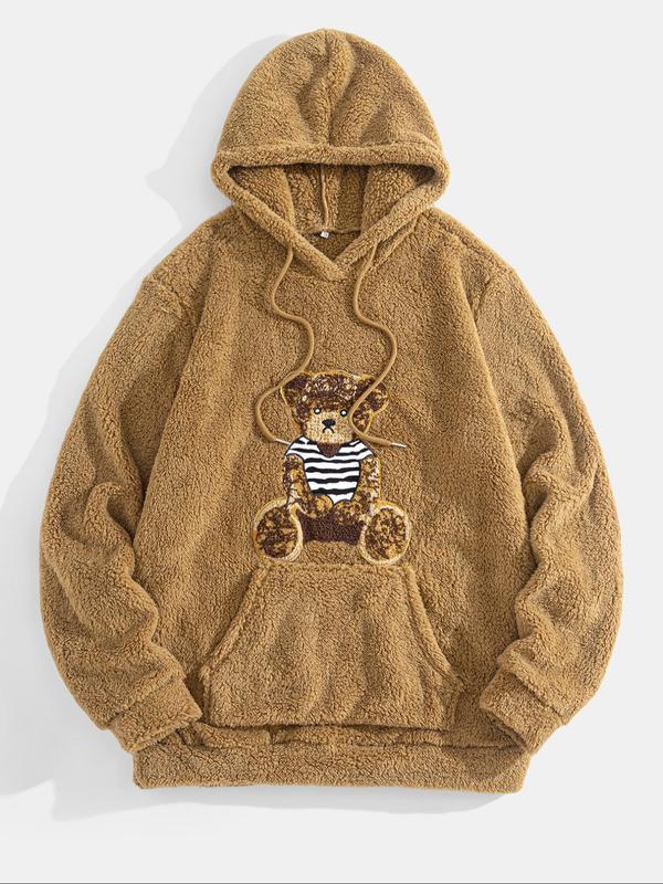 Men's Cartoon Bear Embroidery Drawstring Pocket Plush Hoodie, Casual Loose Long Sleeve Hooded Sweatshirt for Winter, Fashion Men's Clothes for Daily Wear