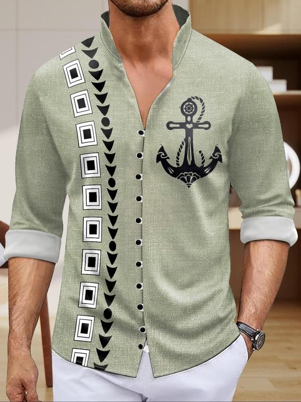 Men's Geometric & Anchor Print Button Front Shirt, Regular Fit Casual Long Sleeve Mock Neck Top for All Seasons, Men's Clothes for Daily Wear