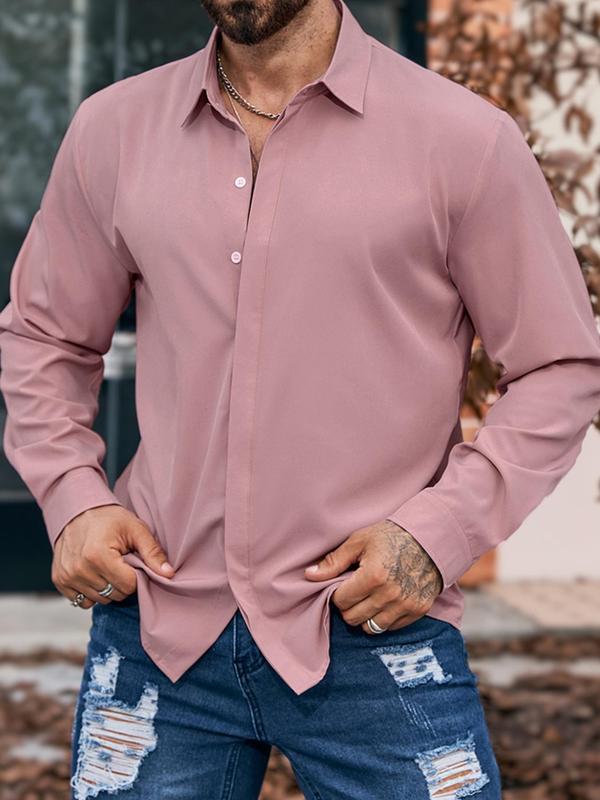 Men's Solid Button Front Shirt, Regular Fit Casual Long Sleeve Collared Top for All Seasons, Men's Clothes for Daily Wear